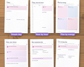 Six daily page layouts: simple day, hour by hour, plan by energy, must nice bonus, bare minimum and low-energy day