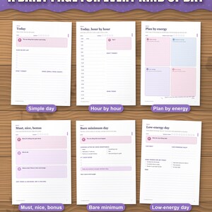 Six daily page layouts: simple day, hour by hour, plan by energy, must nice bonus, bare minimum and low-energy day