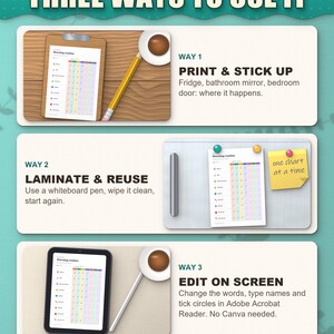 Three ways to use the charts: print and stick up, laminate and reuse, fill in on screen