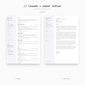 Könnte beinhalten: Ein Lebenslauf und Anschreiben-Set in Schwarzweiß auf weißem Hintergrund. Der Lebenslauf und das Anschreiben tragen oben den Namen "Alex Chen". Der Text "resume + cover letter" steht oben im Bild.