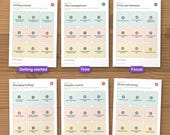 Six of the twelve colourful skill posters: getting started, time, focus, feelings, impulse control, stress and energy