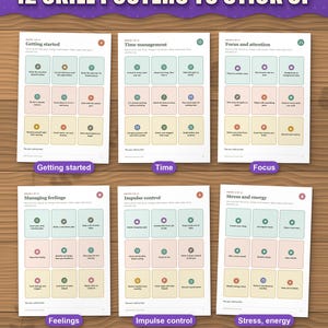 Six of the twelve colourful skill posters: getting started, time, focus, feelings, impulse control, stress and energy