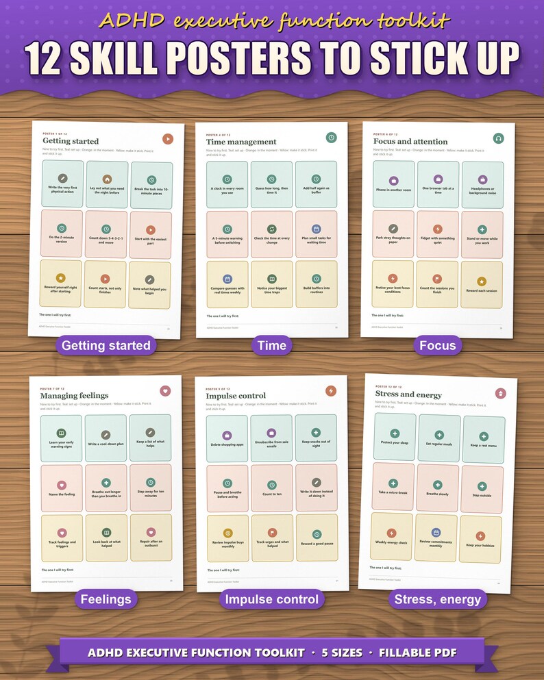 Six of the twelve colourful skill posters: getting started, time, focus, feelings, impulse control, stress and energy