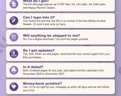 Frequently asked questions: what you get, typing into the PDF, no shipping, free updates, dated and undated, money back, sharing