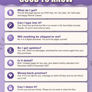 Frequently asked questions: what you get, typing into the PDF, no shipping, free updates, dated and undated, money back, sharing