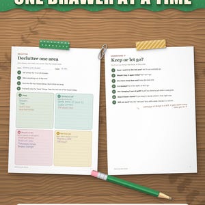 Declutter one area page filled in for a kitchen drawer, next to the keep or let go questions