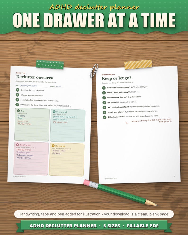 Declutter one area page filled in for a kitchen drawer, next to the keep or let go questions