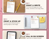 Three ways to use the burnout workbook: print and write, stick on the fridge, fill in on a tablet