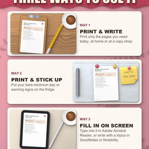 Three ways to use the burnout workbook: print and write, stick on the fridge, fill in on a tablet