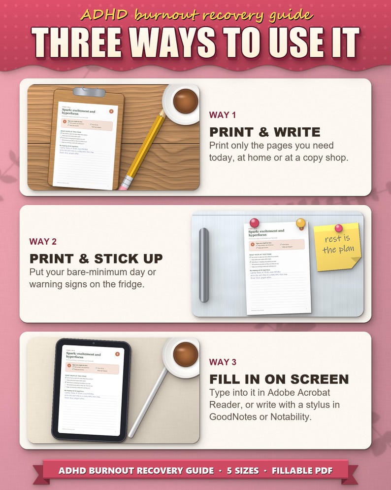 Three ways to use the burnout workbook: print and write, stick on the fridge, fill in on a tablet