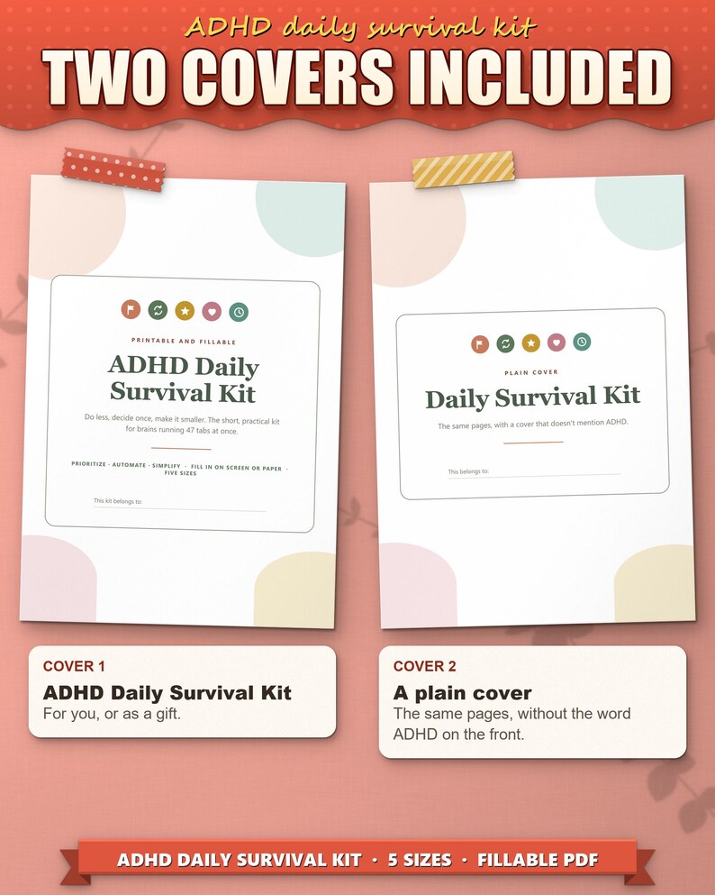 Two covers included: ADHD Daily Survival Kit cover and a plain cover without the word ADHD