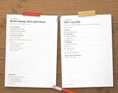 Brain dump page and the 1-3-5 day filled in by hand, pick three tasks, not thirty