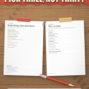 Brain dump page and the 1-3-5 day filled in by hand, pick three tasks, not thirty
