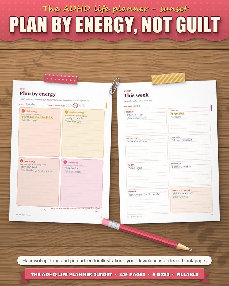 Plan by energy daily page and weekly page filled in by hand