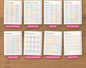 Eight of the 19 sticker pages: wins, appointments, self-care, work, priority labels, energy and weather, months, dates