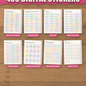 Eight of the 19 sticker pages: wins, appointments, self-care, work, priority labels, energy and weather, months, dates
