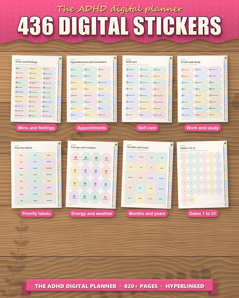 Eight of the 19 sticker pages: wins, appointments, self-care, work, priority labels, energy and weather, months, dates