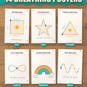 14 breathing posters: box, star, triangle, lazy 8, rainbow and wave breathing to trace