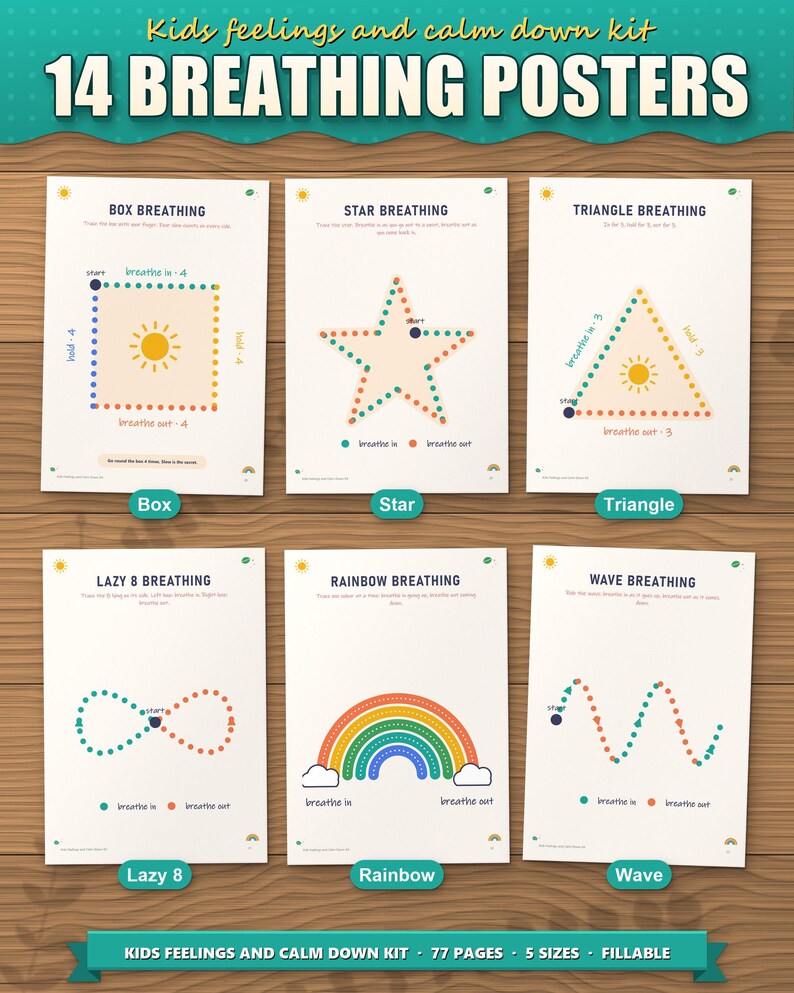 14 breathing posters: box, star, triangle, lazy 8, rainbow and wave breathing to trace
