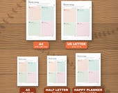 The planner in five paper sizes shown to scale: A4, US Letter, A5, Half Letter and Happy Planner Classic