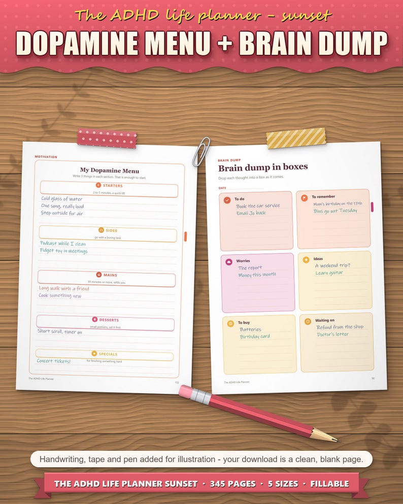 Dopamine menu and brain dump sorted into boxes, filled in as an example
