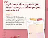 Who the planner is for: adults with ADHD whose planners are empty by February, parents and students