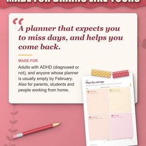 Who the planner is for: adults with ADHD whose planners are empty by February, parents and students