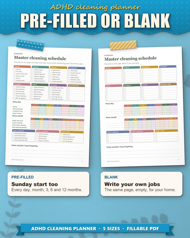 Master cleaning schedule pre-filled in Sunday start and blank for your own jobs