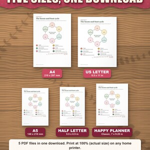 The guide in five paper sizes shown to scale: A4, US Letter, A5, Half Letter and Happy Planner Classic