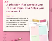 Who the planner is for: adults with ADHD whose planners are empty by February, parents and students