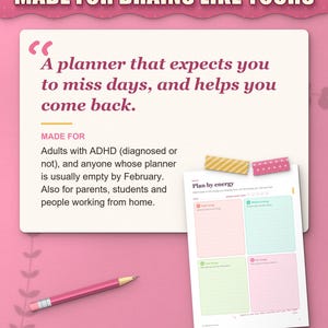 Who the planner is for: adults with ADHD whose planners are empty by February, parents and students