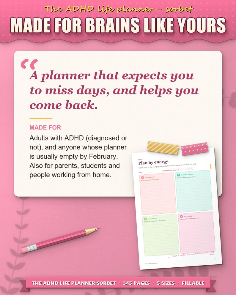 Who the planner is for: adults with ADHD whose planners are empty by February, parents and students