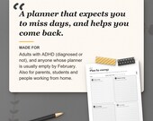 Who the planner is for: adults with ADHD whose planners are empty by February, parents and students
