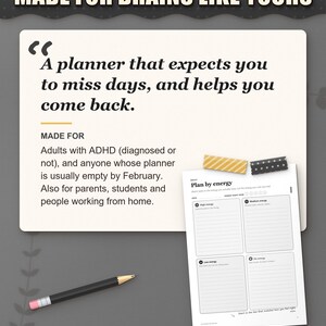 Who the planner is for: adults with ADHD whose planners are empty by February, parents and students