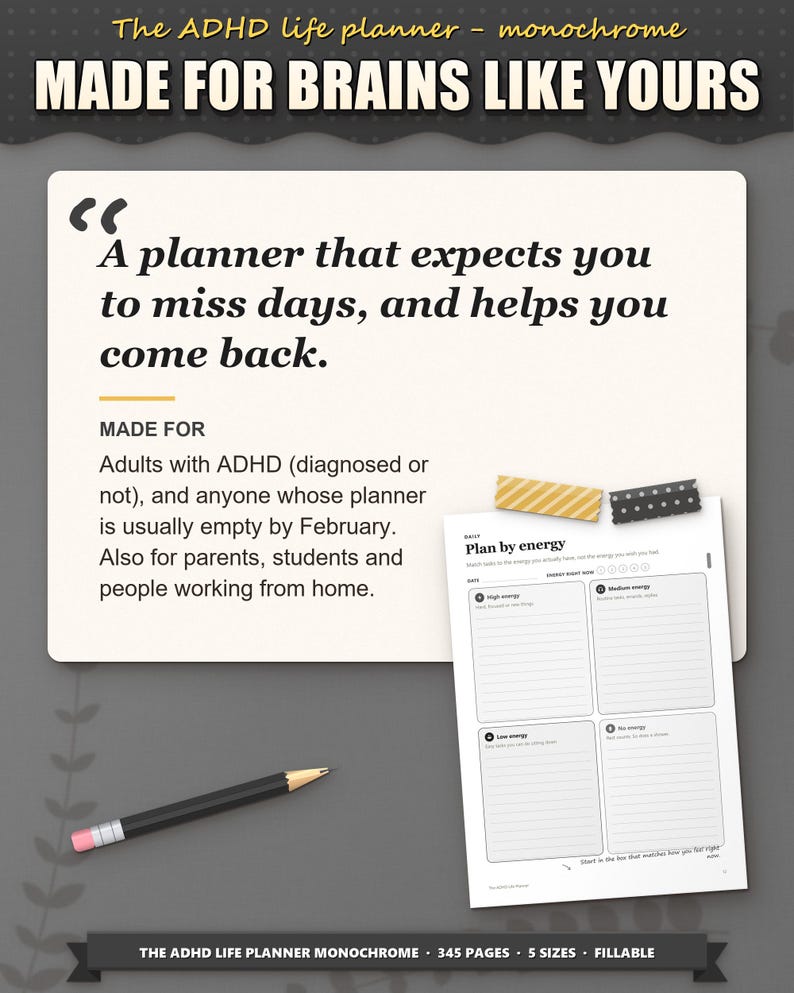 Who the planner is for: adults with ADHD whose planners are empty by February, parents and students