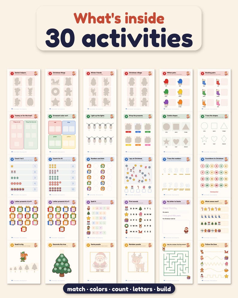 Printbaar kerstactiviteitenboek, 30 activiteiten voor peuters, kerstactiviteitenboek voor kinderen, activiteitenmap voor kleuters, kerstcountdown in PDF-formaat afbeelding 3