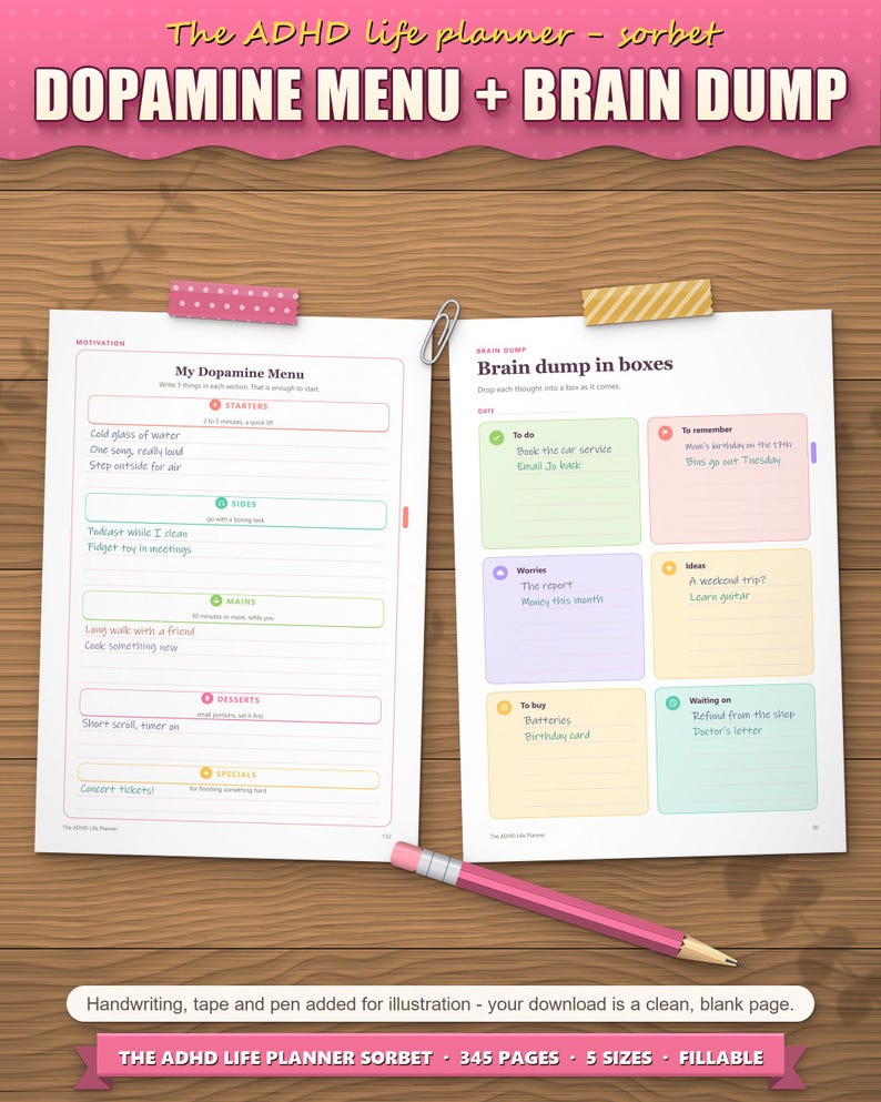Dopamine menu and brain dump sorted into boxes, filled in as an example