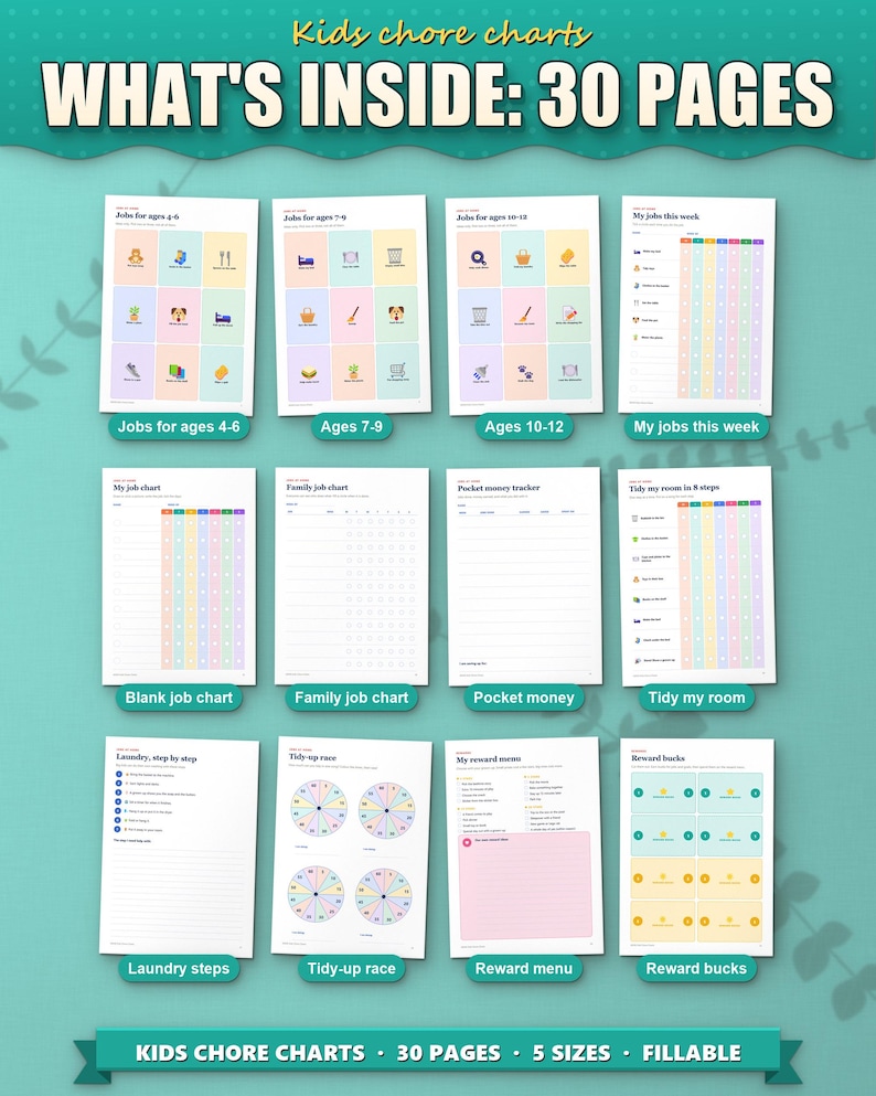 What's inside the kids chore charts: 12 of the 30 pages
