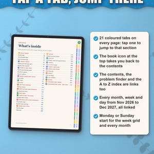 Contents page on a tablet: 21 coloured tabs on every page and a book icon back to the contents