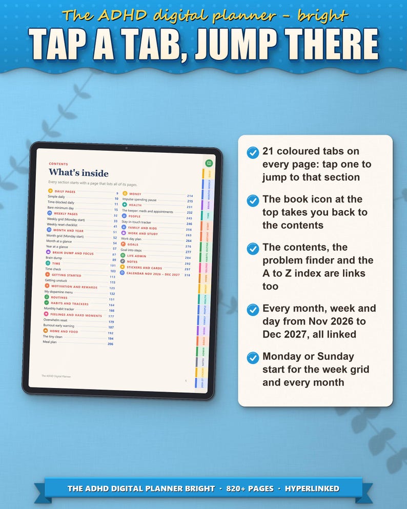 Contents page on a tablet: 21 coloured tabs on every page and a book icon back to the contents