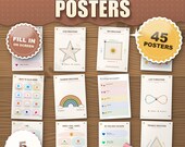 Calm corner posters in soft colours: 12 of the 45 posters, star and box breathing, feelings faces and thermometer, 5 sizes
