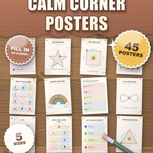 Calm corner posters in soft colours: 12 of the 45 posters, star and box breathing, feelings faces and thermometer, 5 sizes