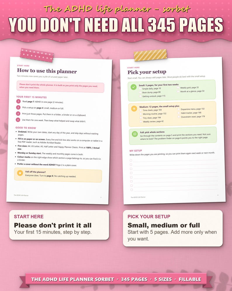 Start here page and pick your setup page: you don't need to print all 345 pages