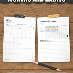 Month page and monthly habit tracker filled in with coloured habits