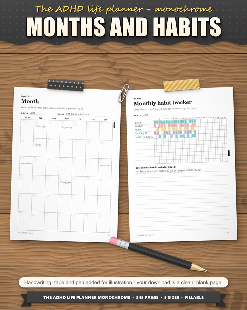 Month page and monthly habit tracker filled in with coloured habits