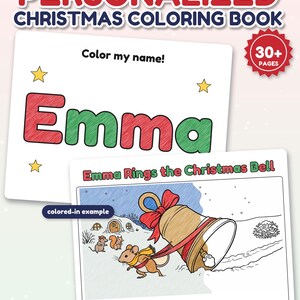 Libro para colorear navideño personalizado con el nombre del niño, páginas para colorear con nombre personalizado, regalo de Navidad para niños, detalle para el calcetín navideño, caja de Nochebuena imagen 1