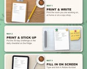 Three ways to use the declutter planner: print and write, stick on the fridge, fill in on a tablet