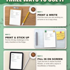 Three ways to use the declutter planner: print and write, stick on the fridge, fill in on a tablet