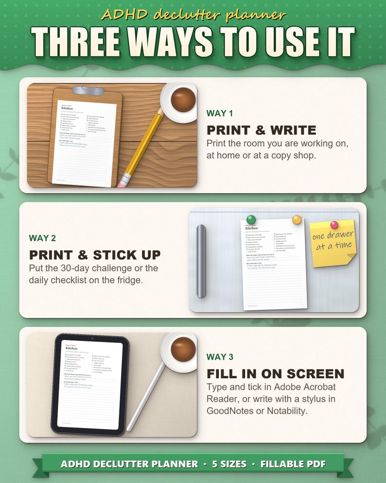 Three ways to use the declutter planner: print and write, stick on the fridge, fill in on a tablet