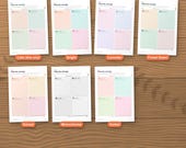 The planner in 7 colour editions: calm, bright, lavender, forest green, sunset, monochrome and sorbet. This listing is the calm edition; each colour is its own listing